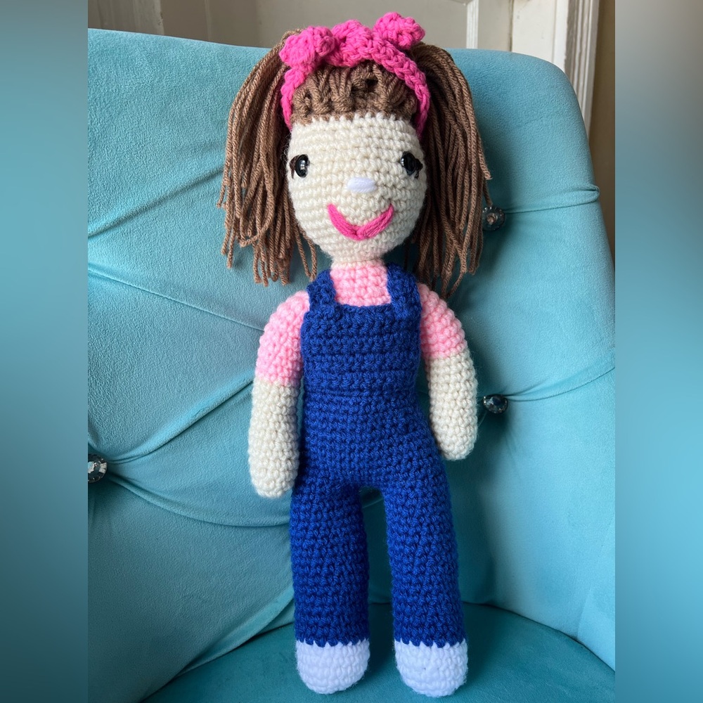 Ms Rachel inspired Handmade Crochet Doll with Blue Overalls & a cute smile.